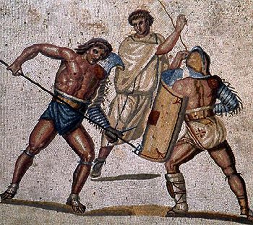 combat retiaire contre secutor with his trident, mosaic d'une villa at Nennig Allemagne 2nd–3rd century ap JC