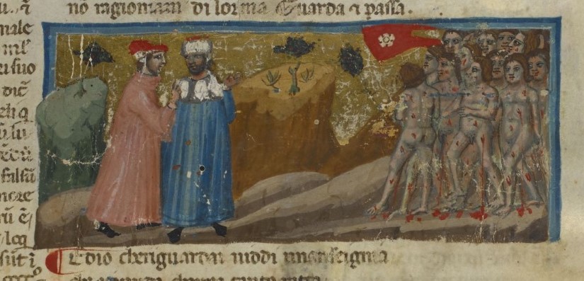 1325-50 BL Egerton 943 A1 f 7r Dante and Virgil watch wretches in a procession in hell