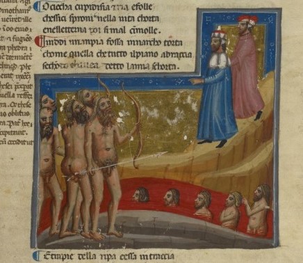 1325-50 BL Egerton 943 A2 f. 22r Inferno Centaurs by the river of blood