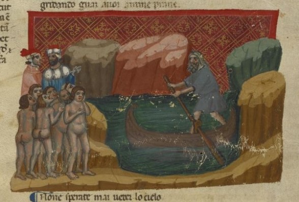 1325-50 BL Egerton 943 A2 f. 7v Inferno souls wait for Charon's ferry