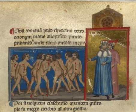 1325-50 BL Egerton 943 G1 f 14r The punishment of the avaricious and the greedy, eternally doomed to fight each other