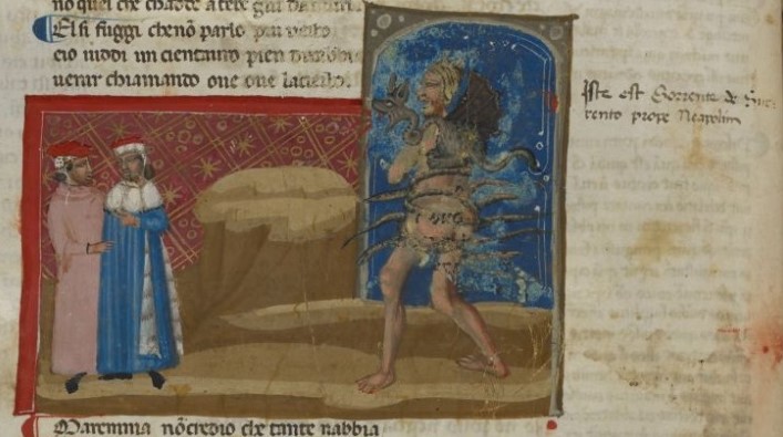 1325-50 BL Egerton 943 M1 f. 44v Dante and Virgil meet the centaur Cacus