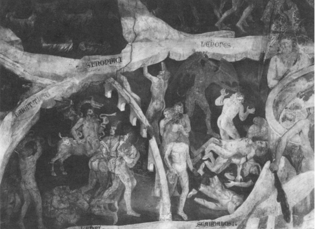 1354-57 Nardo di Cione Inferno Cappella Strozzi, Santa Maria Novella detail neuvieme bolge schismatiques Chant 28bis
