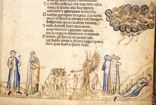 1370 ca BL Additional 19587 f. 8r Inferno Minos judging the carnal sinners