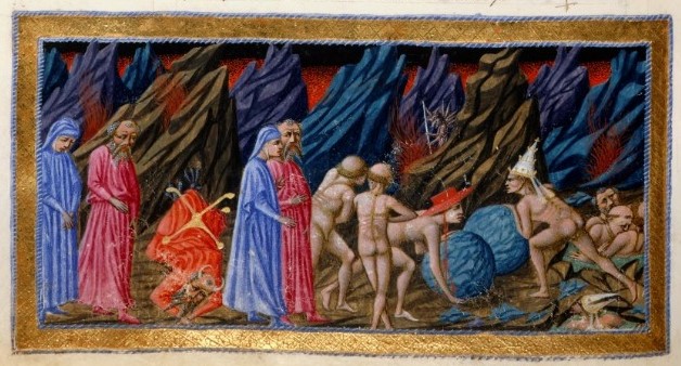 1444-50 Dante A Inferno BL Yates Thompson MS 36 fol 12v Dante and Virgil entering the fourth circle, with Plutus Avaricius, the Prodigals and the Wrathful