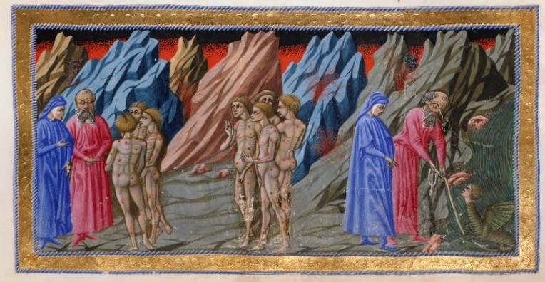 1444-50 Dante A Inferno BL Yates Thompson MS 36 fol 29r Dante and Virgil being approached by three souls