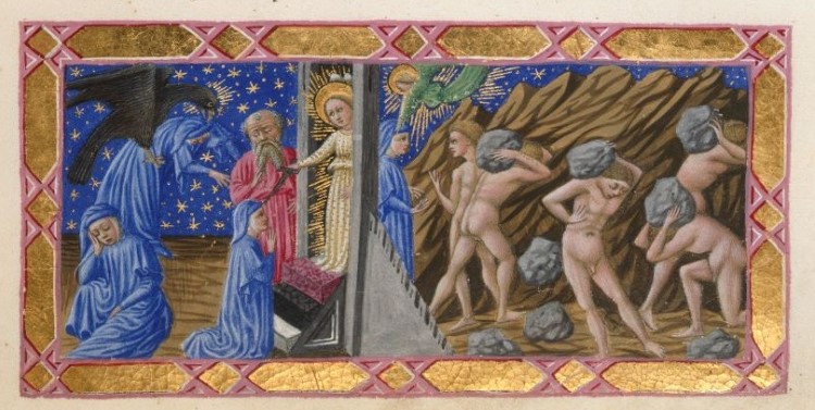 1444-50 Dante B Purgatoire BL Yates Thompson MS 36 fol 84r Dante and Virgil at the gates of Purgatory, and the Proud carrying heavy stones