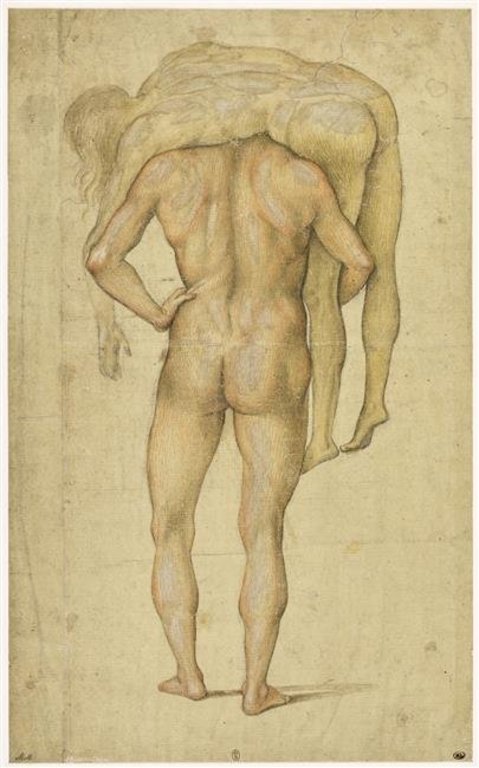 Homme nu, debout, de dos, portant sur ses épaules un corps inerte