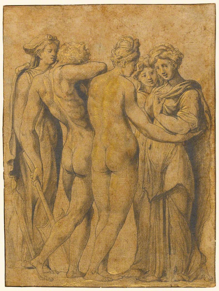 Rosso Fiorentino, 1494-1540; Male and Female Nude and Three Female Figures