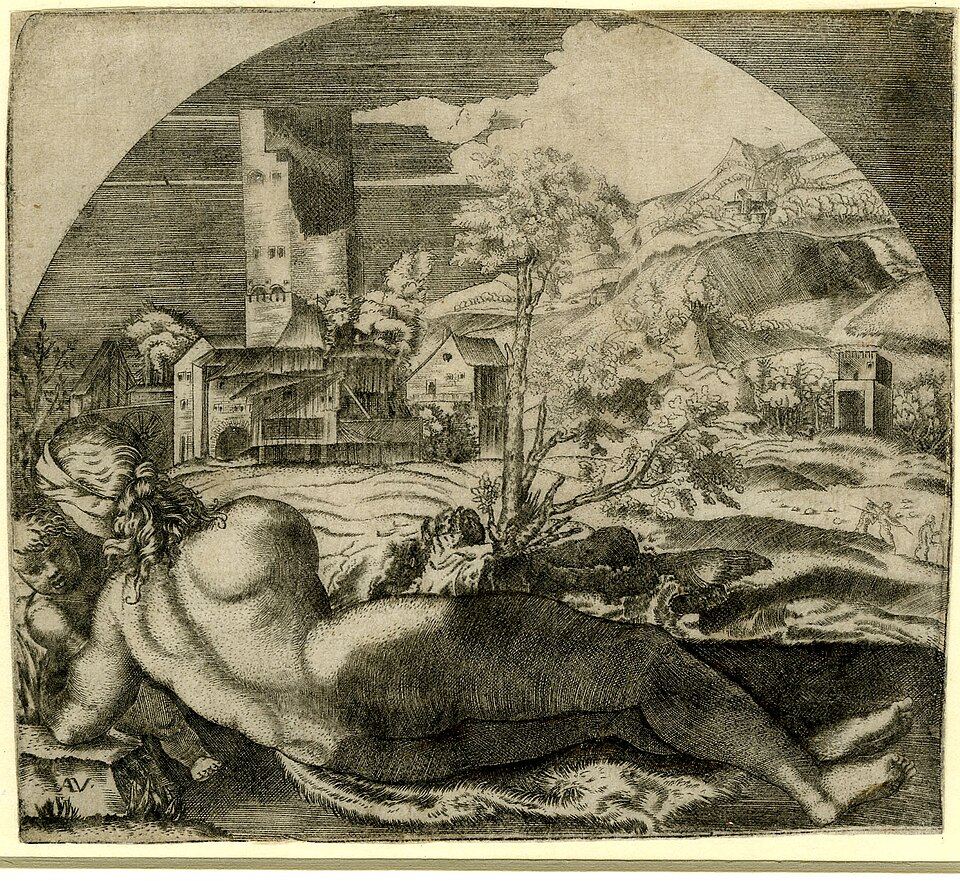 Agostino_Veneziano 1510-20 le_nude_lying_on_an_animal_skin_in_front_of_a_landscape,_set_in_an_arched_frame,_1854,0614.390 British Museum