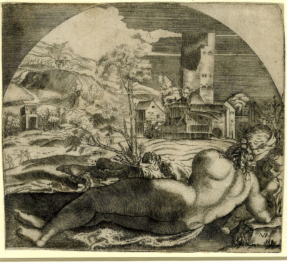 Agostino_Veneziano 1510-20 nude_lying_on_an_animal_skin_in_front_of_a_landscape,_set_in_an_arched_frame INVERSE