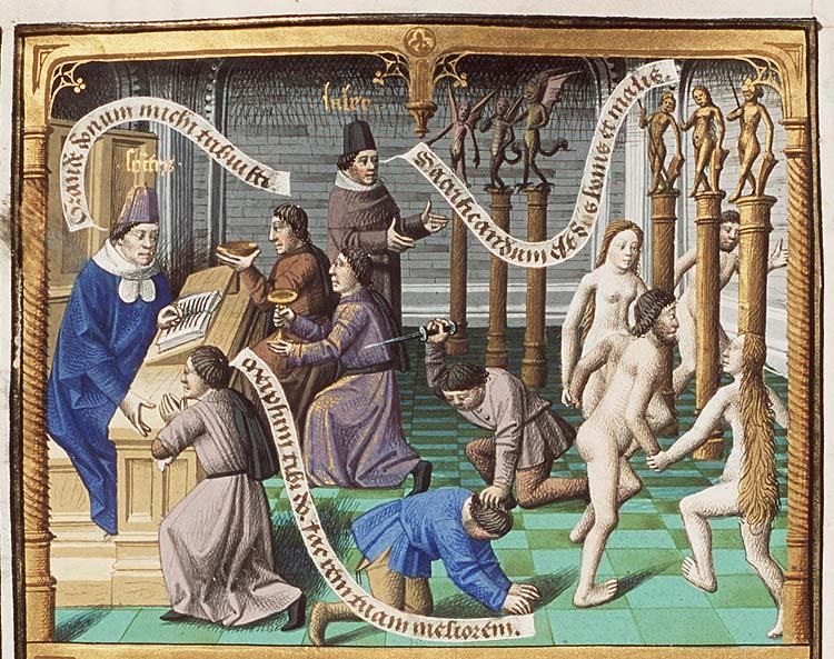 Francois Maitre, 1475-1480, Actors who perform in sacred plays La Cite de Dieu, Saint Augustin, The Hague, MMW, 10 A 11 fol 52v