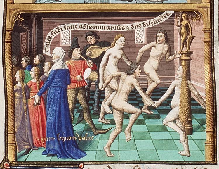 Francois Maitre, 1475-1480, Naked men and women dance before an idol, La Cite de Dieu, Saint Augustin, The Hague, MMW, 10 A 11 fol 45r