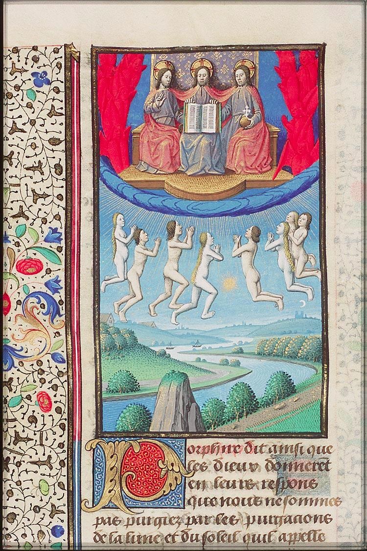 Francois Maitre, 1475-1480, Souls ascending to the Trinity in heaven, La Cite de Dieu, Saint Augustin, The Hague, MMW, 10 A 11 fol 452v