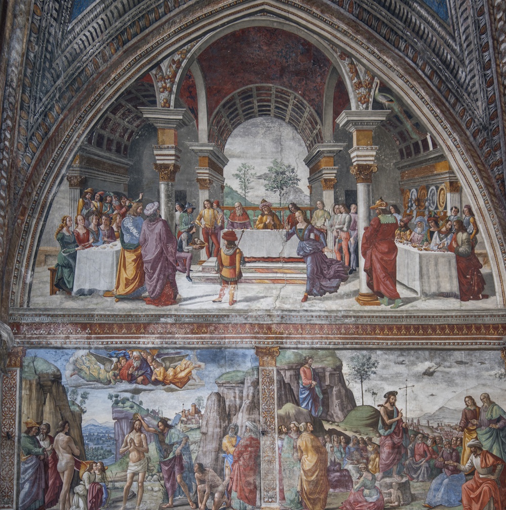 Ghirlandaio 1486-90. Fresco, width 450 cm. Cappella Tornabuoni, Santa Maria Novella, Florence.
