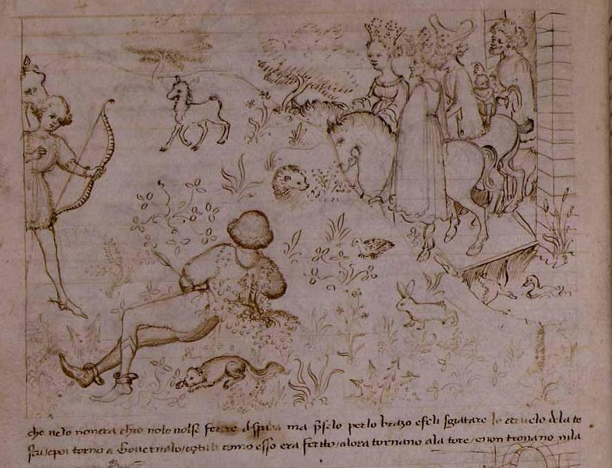 Le Dieu de l'Amour tirant sa fleche sur Lancelot La Tavola ritonda 1446 dessin de Bonifacio Bembo Florence, Biblioteca Nazionale Centrale, Pal. 556 fol 58v