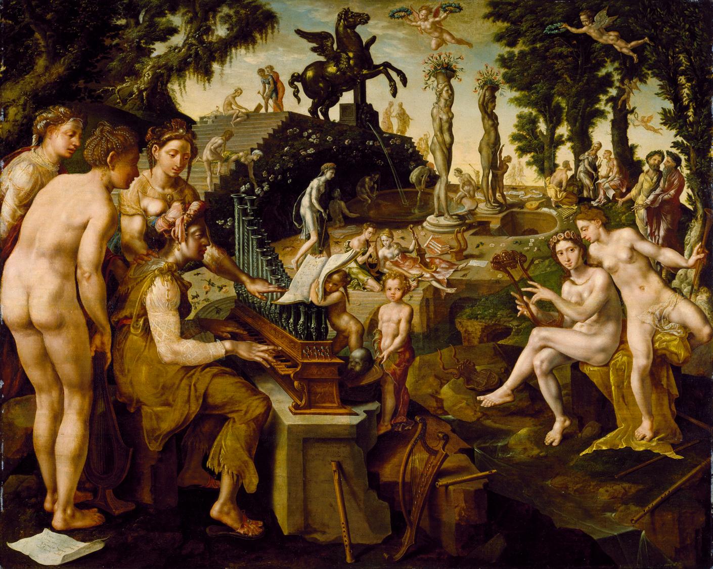 Maarten van Heemskerck 1565 Concert_of_Apollo_and_the_Muses_on_Mount_Helicon_(Chrysler_Museum_of_Art)