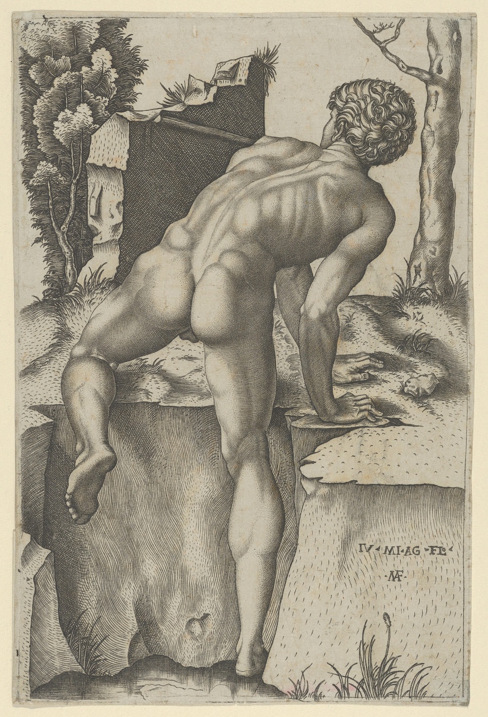 Marcantonio-Raimondi-1509-ca-Naked_man_viewed_from_behind_climbing_a_river_bank_after_Michelangelo_MET