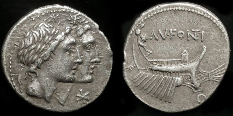 dioscures 108-109 av JC MN. FONTEIUS ROMAN REPUBLIC; GENS FONTEIA AR Denarius