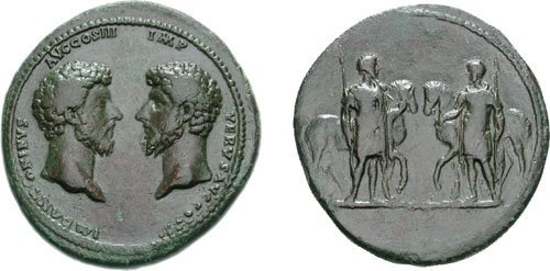 dioscures 161-169 ap JC medaillon MARCUS AURELIUS and LUCIUS VERUS