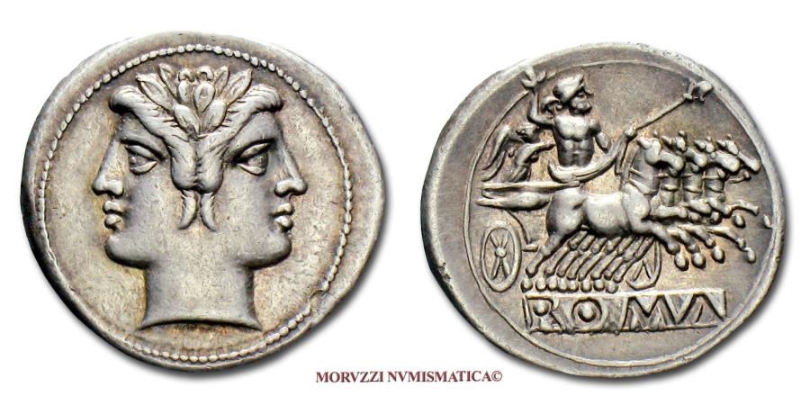 dioscures 225-212av JC Roman Republic Silver Quadrigatus Dioscuri Janiform