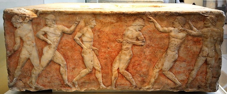 lutteurs Greek athletes. From the base of a funerary kouros 510-500 BCE. (National Archaeological Museum, Athens
