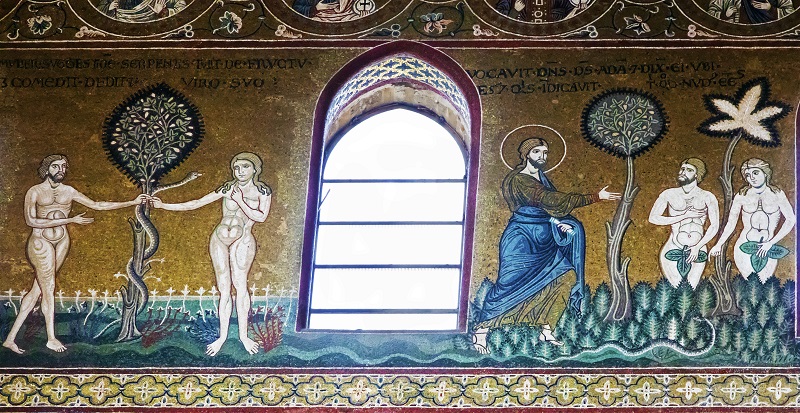 Adam and Eve in mosaics of Monreale cathedral, Siciliy