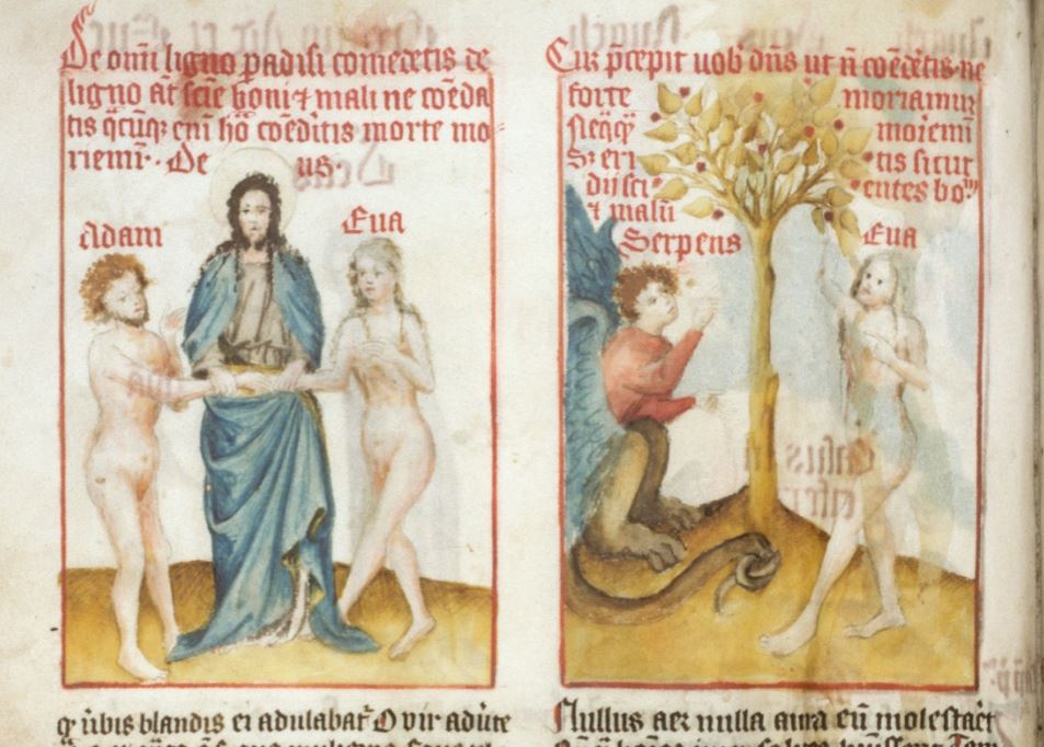 Mariage Adam et Eve Speculum Humanae Salvationis 1420, Rhin moyen, Spencer 15, fol. 2v