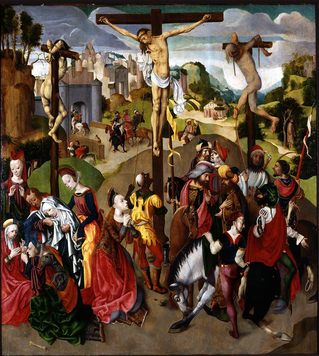 1495 Master of the Virgo inter Virgines triptych with the crucifixion, carrying of the cross and the deposition Bowes Museum