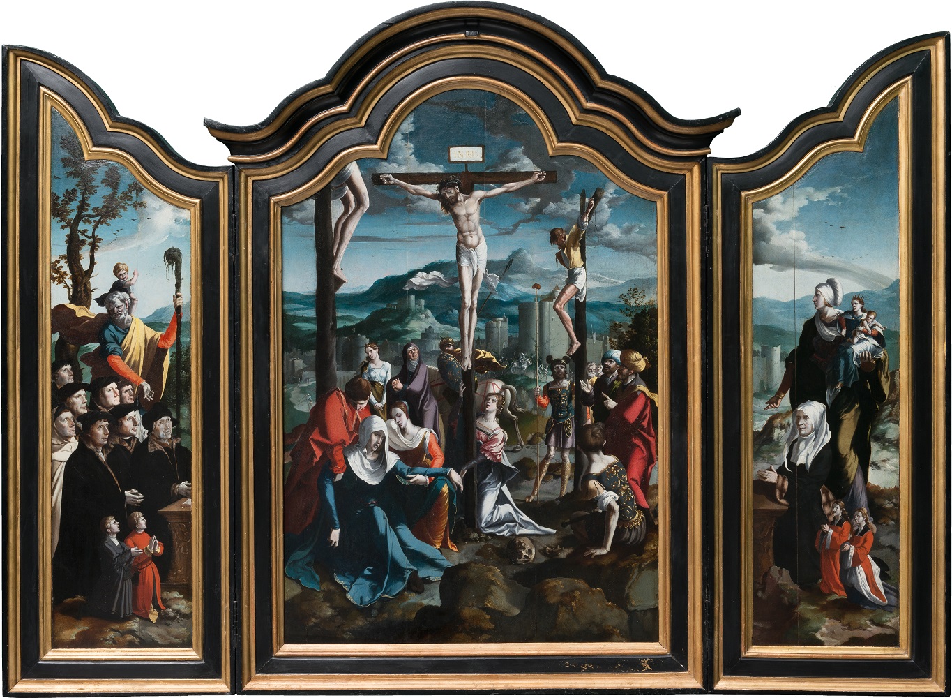 1530 Jan Swart van Groningen Hollande famille Hallincq with_the_Crucifixion,_Saints_and_Donors Städel Museum Francfort