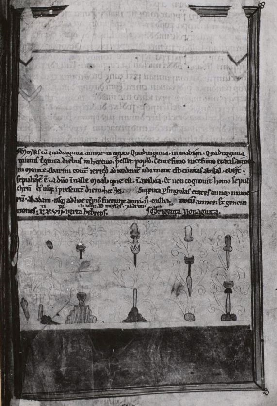 1025-1050 Hexateuque Vieil Anglais BL Cotton MS Claudius B IV fol 140r Dieu et Moise regardent la Terre Promise en bifolium