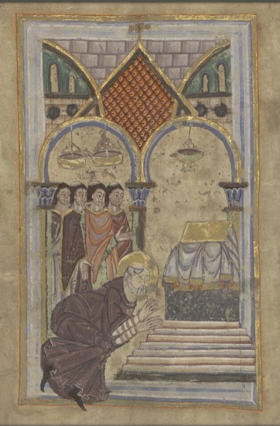 1050-75 Bibl num agglo St Omer MS 698 fol 25v Omer, aveugle et mourant, prie une dernière fois devant l'autel