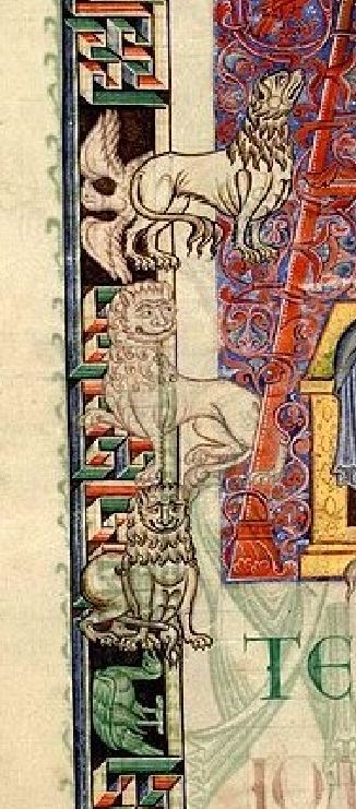 1120-35 Maitre de Jessé Commentaire sur Daniel (citeaux) fosse aux lions et Habacuc Dijon BM MS 132 fol 2v detail