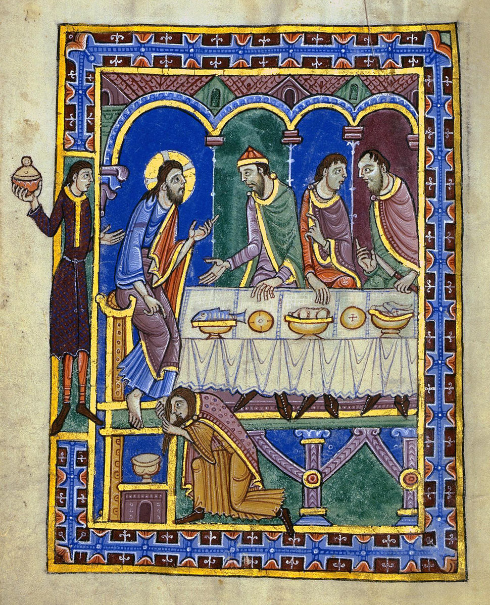 1125-30 St Albans psalter Hertfordshire Hildesheim HS St. Godehard 1 Fol 18v Le repas chez simon