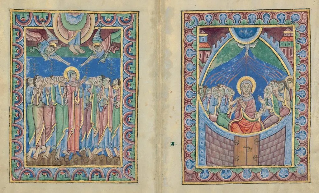 1125-30 St Albans psalter Hertfordshire Hildesheim HS St. Godehard 1 Fol 27v 28r Ascension Pentecote