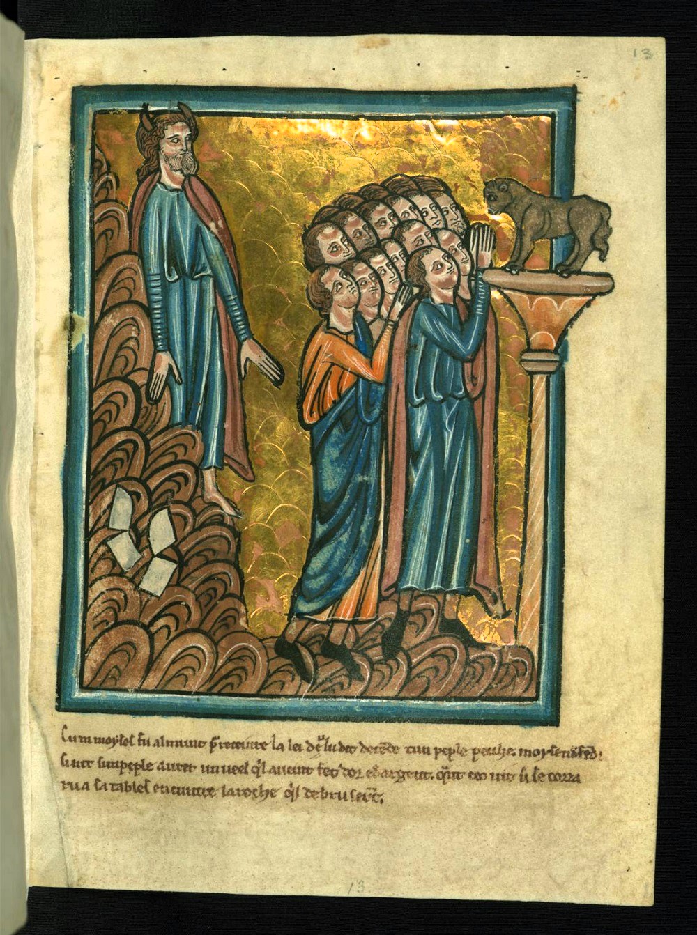 1250 ca William de Brailles (Oxford) Walters Museum W.106 fol 13r The Israelites Worship the Golden Calf and Moses Breaks the Tablets