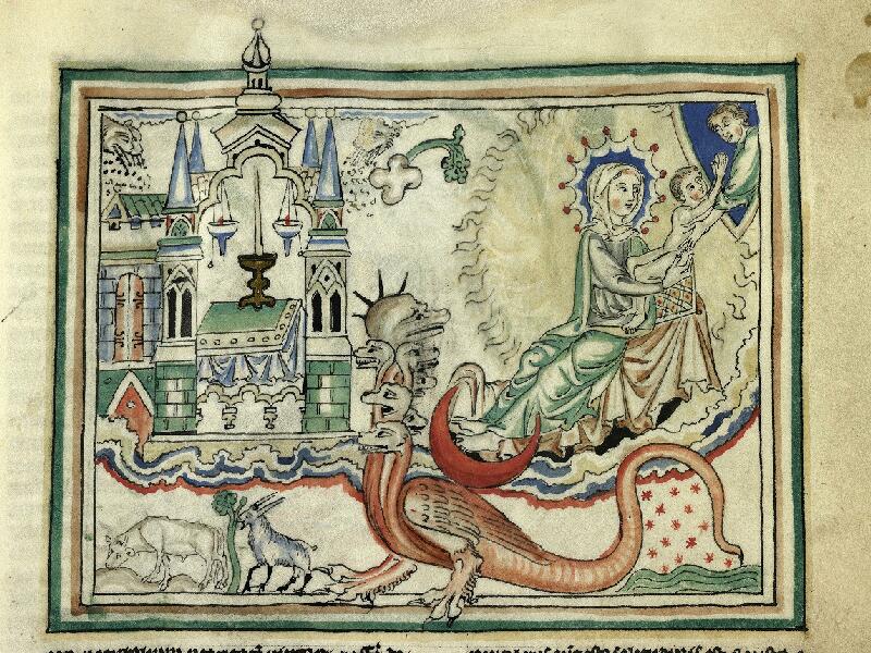 1260 Apocalypse de Cambrai BM Cambrai MS 422 fol 47r Le dragon et la femme enfantant