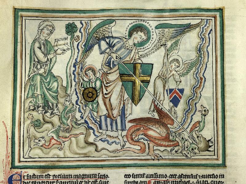 1260 Apocalypse de Cambrai BM Cambrai MS 422 fol 47v Michel precipite le dragon sur la Terr