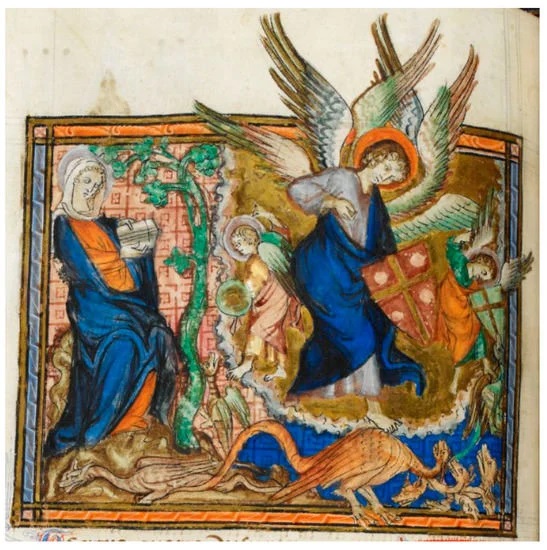 1270-75 Apocalypse d'Abingdon BL Additional MS 42555 fol 34v Michel precipite le dragon sur la Terre