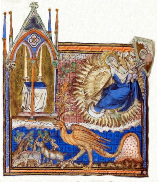 1270-75 Apocalypse d'Abingdon BL Additional MS 42555 fol 36v la femme en gesine face au dragon