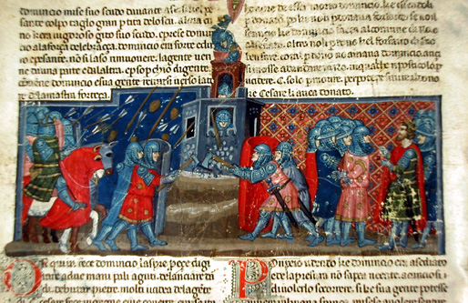 1300-25 Maestro degli Antifonari padovani Florence Riccardiana, Ricc. 1538 fol 18v Assaut d'une fortification