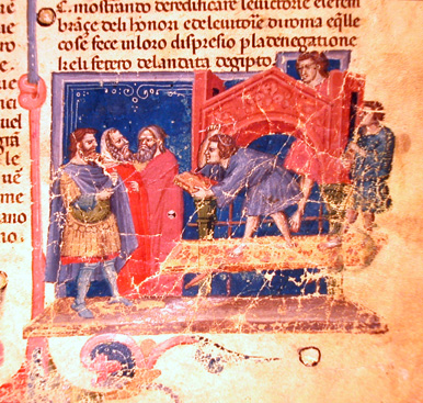 1300-25 Maestro degli Antifonari padovani Florence Riccardiana, Ricc. 1538 fol 2r Cesare dirige la costruzione di una arco di Trionfo