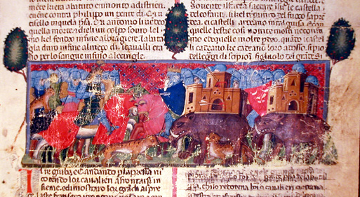 1300-25 Maestro degli Antifonari padovani Florence Riccardiana, Ricc. 1538 fol 43r César combattant Juba