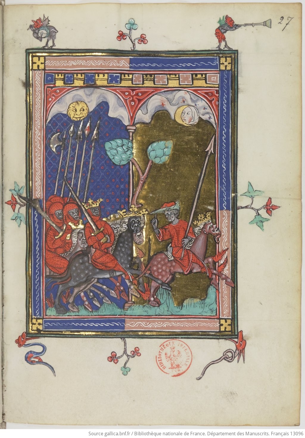 1313, Picardie, BNF Français 13096 fol 27r Cinquième trompette l'Armée des Locustes Apo 9, 7-12