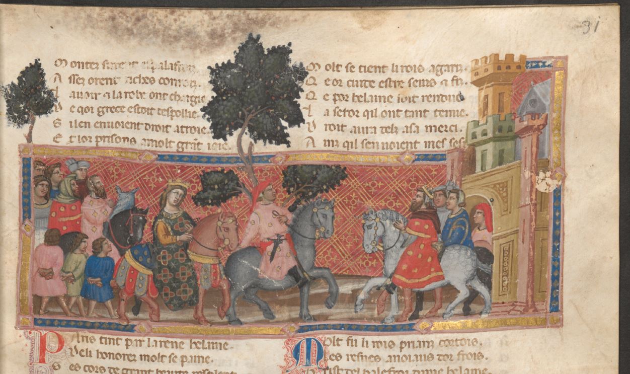 1315-25 Maestro Antifonari padovani Le roman de Troie Vienne ONB Cod. 2571 fol 31r Arrivee de Paris et Helene à Troie