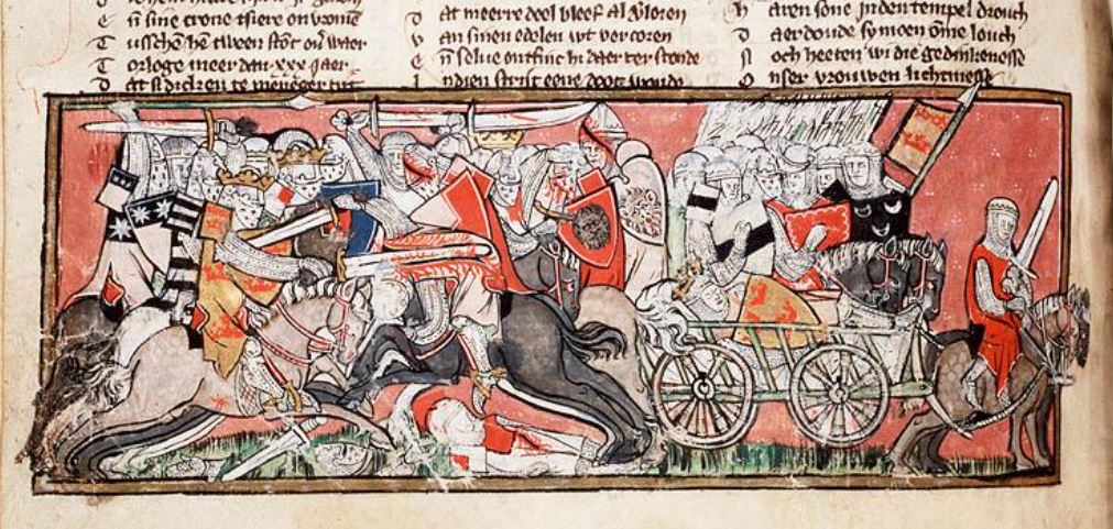 1325-35 Spieghel Historiael Flandres The Hague, KB, KA 20 fol 163v The battle between Arthur and Modred