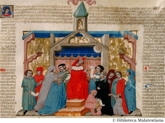 1330-40 Bologne Illustratore IUSTINIANUS cesena Malatestiana ms. S.IV.2 fol 3r La demande de dot en cas de divorce