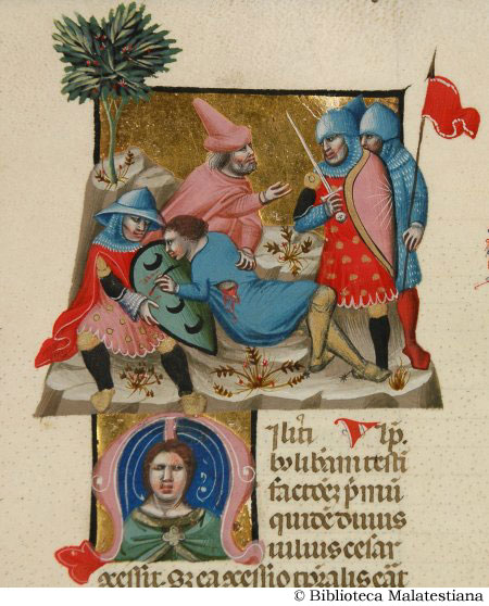 1330-40 Bologne Illustratore IUSTINIANUS cesena biblioteca Malatestiana ms. S.IV.2 fol 88v Le testament des militaires