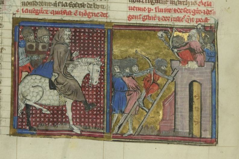 1337 Roman de Godefroi de Bouillon et de Sala Maitre de fauvel BNF Fr 22495 fol 16v Pierre l'ermite au siege de_Nish_(1096)