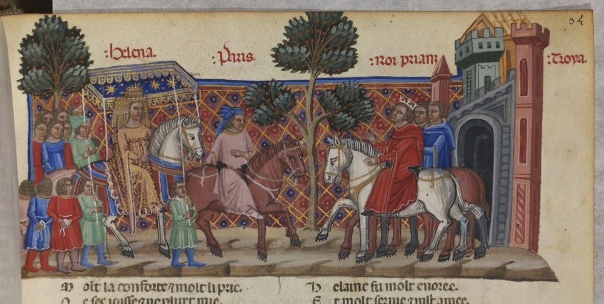 1340-50 Le roman de Troie BNF FR 782 fol 34r Arrivee de Paris et Helene à Troie